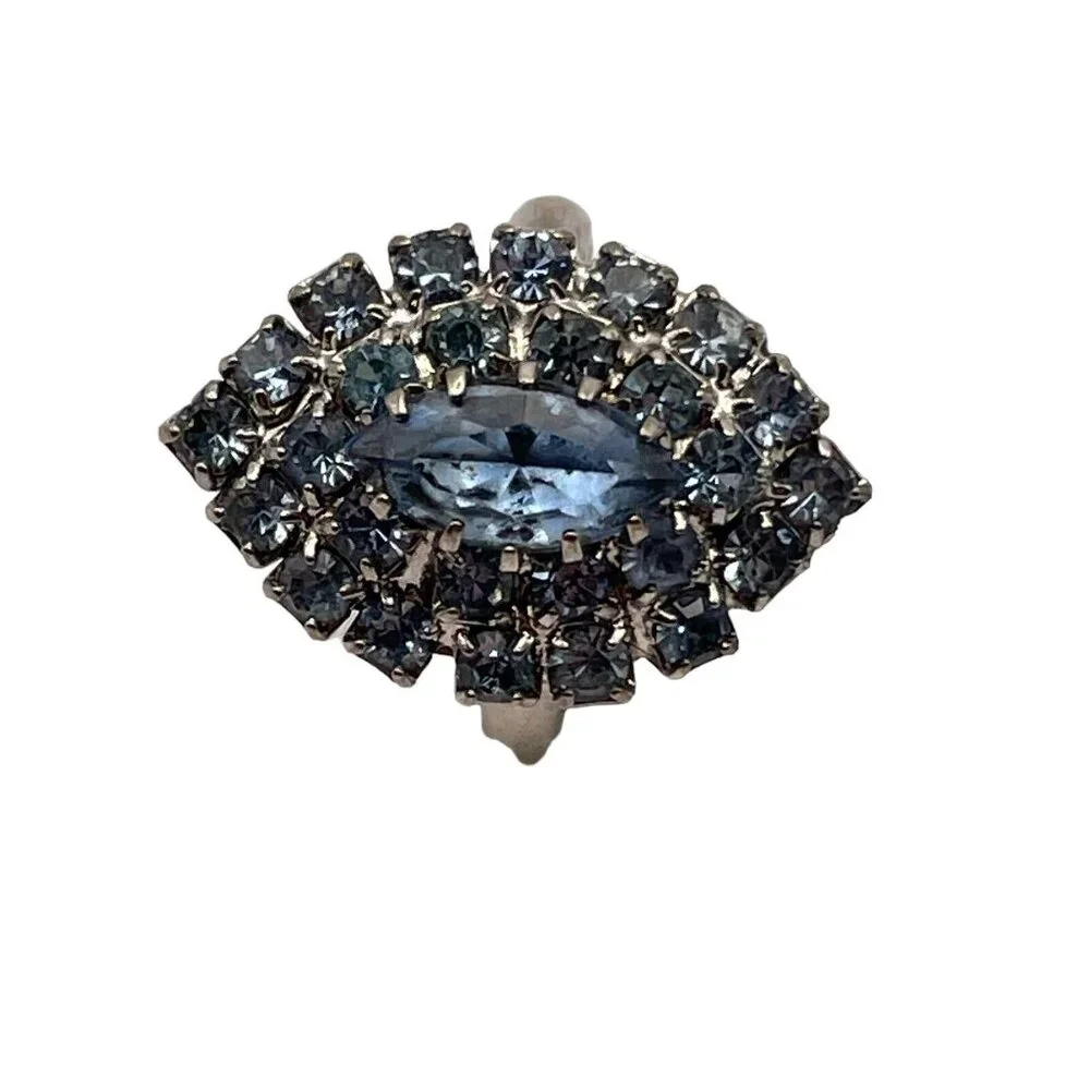 VTG Light Blue Rhinestone Silver Tone Metal Cocktail Ring Adjustable Size‎ 5.25